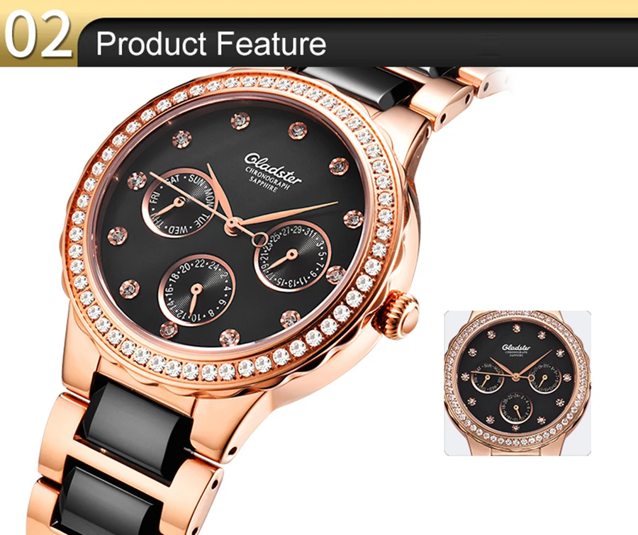 Gladster модные японские MIYOTA 6P29 женские часы роскошные керамические часы из нержавеющей стали Кристальные Кварцевые женские наручные часы