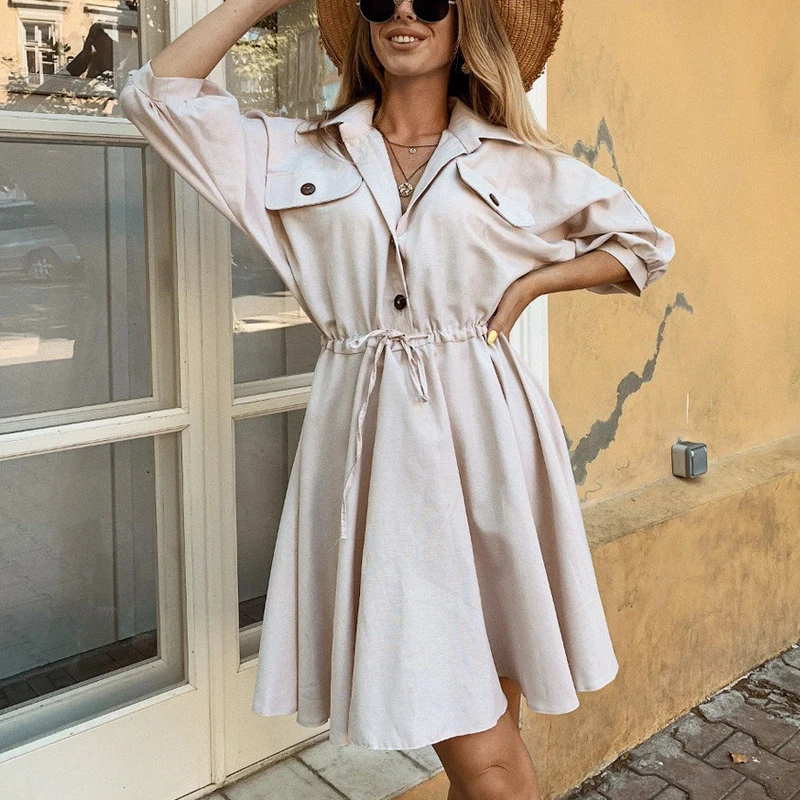 

Vintage Women Streetwear Mini Shirt Dress Casual Turndown Collar Lantern Sleeve Short Dresses Double Fake Pocket Lace Up Dres