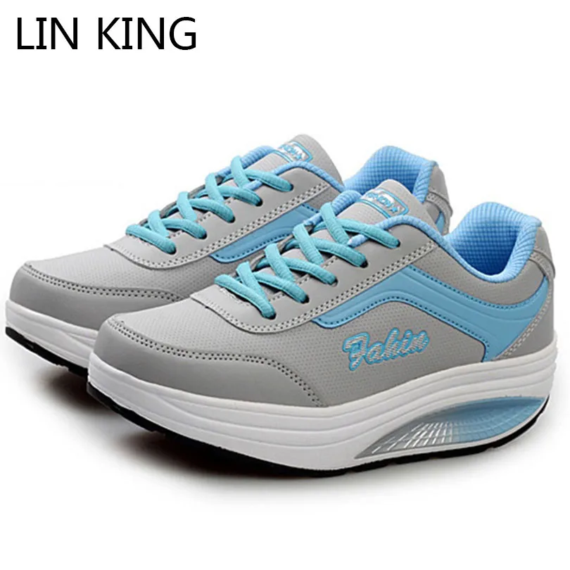 

LIN KING Fashion Pu Leather Women Swing Shoes Lace Up Casual Platform Shoes Ladies Wedges Height Increasing Shoes Tenis Feminino