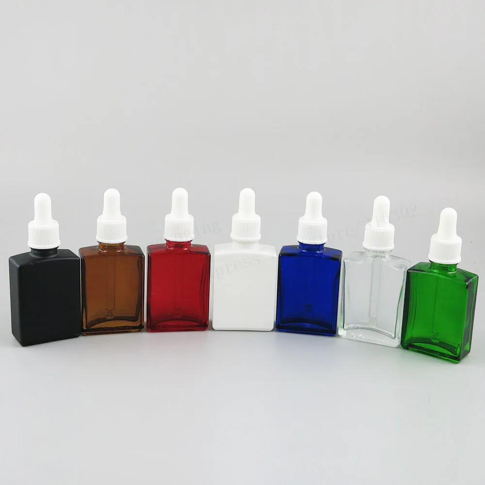 12 x 30ml Square Flat glass with black pipette dropper 1oz black white clear blue glass e liquid container, 30ml dropper bottle