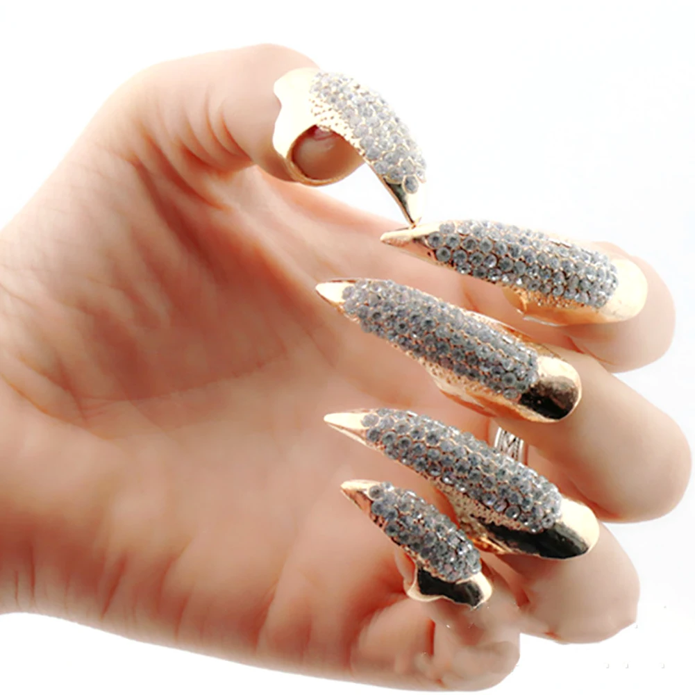 

5 Pcs/Set False Nail Punk Style Clear Crystal Claw Paw Talon Finger Ring Knuckle Bend Fingertip Finger Claw Ring Gold(Large)