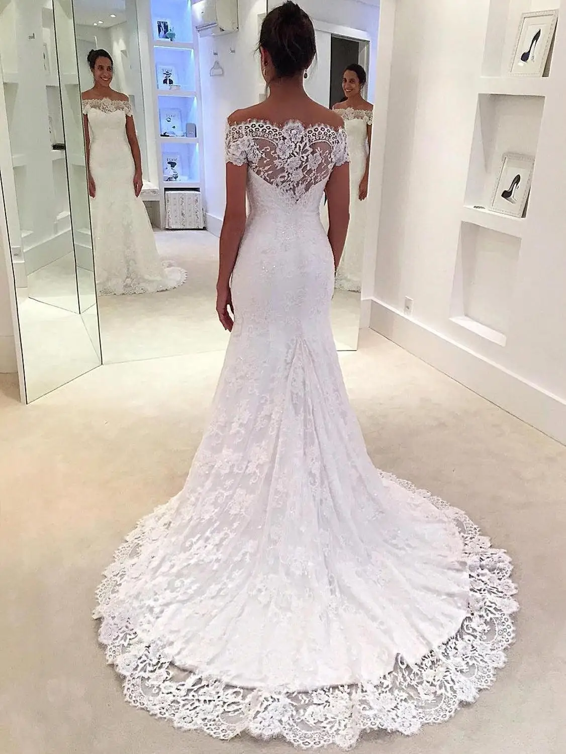Vestido de noiva романтическое кружевное свадебное платье русалки с открытыми плечами и аппликацией, свадебное платье для невесты с коротким шлейфом