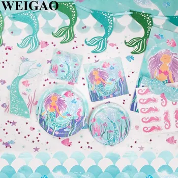 

WEIGAO Mermaid Party Disposable Tableware Set Happy Birthday Party Paper Plate Cup Banner Decor Baby Shower Girl Party Supplies