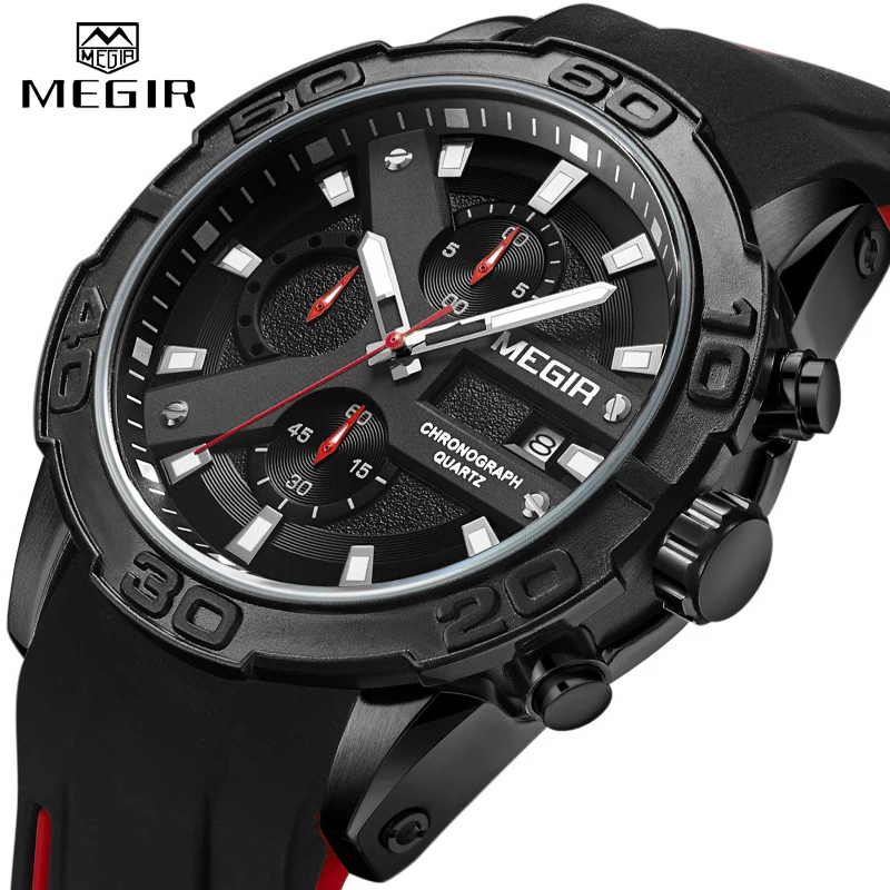 MEGIR Men Watches Analog Quartz Wristwatch Waterproof Sport Chronograph Silicone Military Watch Men