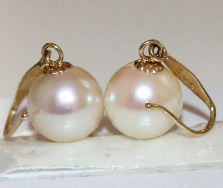 

free shipping PERFECT 8-9MM AAA++ ROUND WHITE SOUTH SEA PEARL DANGLE EARRING 14k/20 YELLOW GOLD
