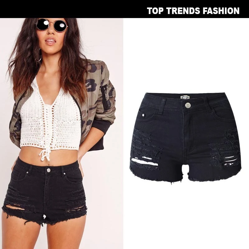 black denim ripped shorts womens