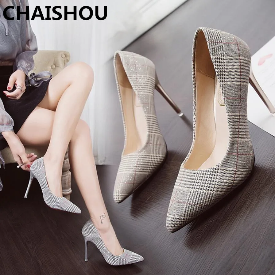 CHAISHOU 2019 весна новые женские туфли лодочки на высоком каблуке клетчатые