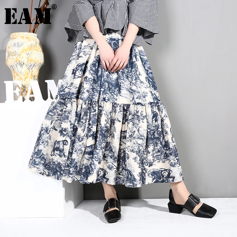 

[EAM] 2019 New Spring Summer High Elastic Waist Blue Pattern Printed Big Hemline Half-body Skirt Women Fashion Tide BF039