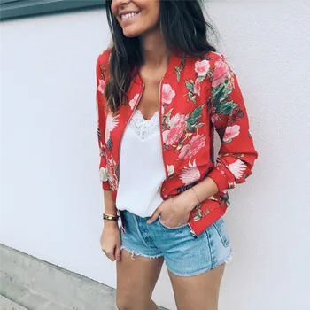 

Autumn Winter Women Coat Fashion Ladies Floral Zipper Up Jacket Casual White Red Coat Outwear Women Clothes