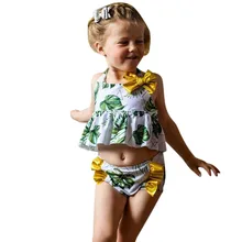 Детский купальник для девочек из полиэстера; купальный костюм из двух предметов; купальный костюм; пляжный летний купальный костюм бикини с принтом и бантом; комплект одежды; K516