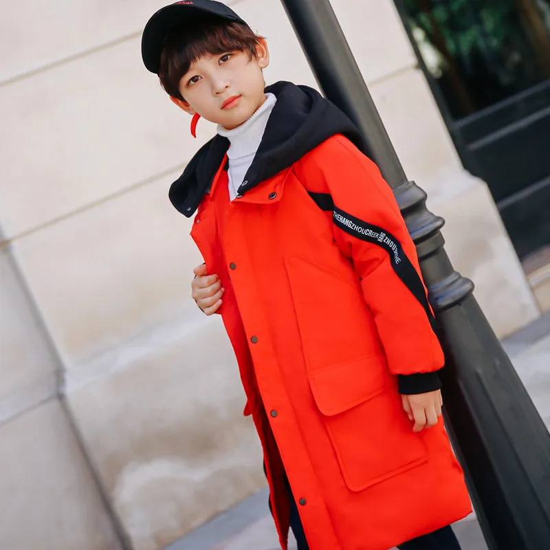 2018 boys new fashion down jacket Boy lengthened hooded casual down jacket Boy thick warm letter decorative coat Hooded jacket