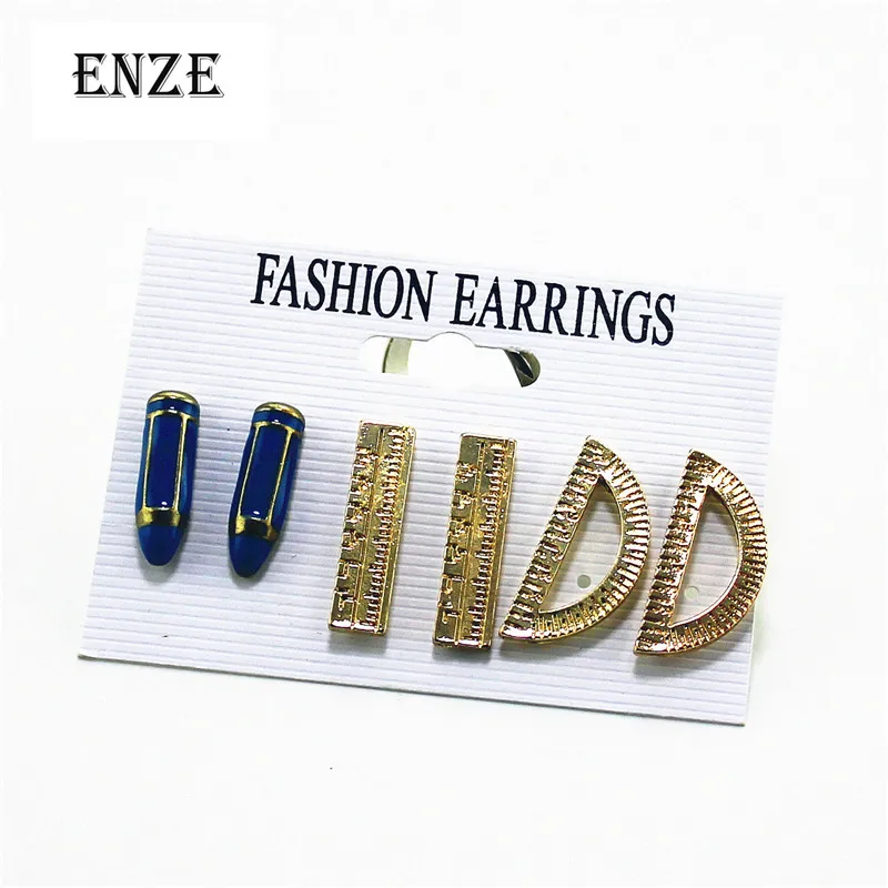 

ENZE fashion women's earrings 3 pairs / set of mixed set tools ruler pencil cute jewelry accessories wild for men and women