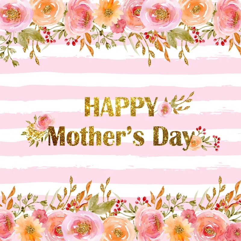 

NeoBack Happy Mother's Day BackdropS Pink White Stripes Flower Photo Background Photophone Custom Gold Word Photography Backdrop
