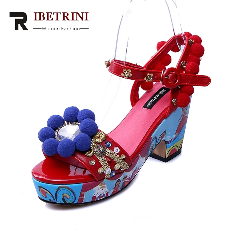 

RIBETRINI 2018 Summer Brand Genuine Leather Platform Sandals Print Ethnic Fashion Shoes Woman Big Size 34-40 High Heels Lady