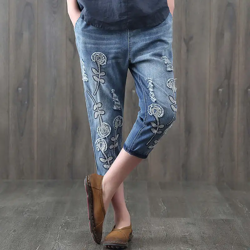 Винтажные женские рваные джинсы размера плюс 3XL на шнуровке с вышивкой, женские джинсы на весну и лето, повседневные женские джинсы C5368