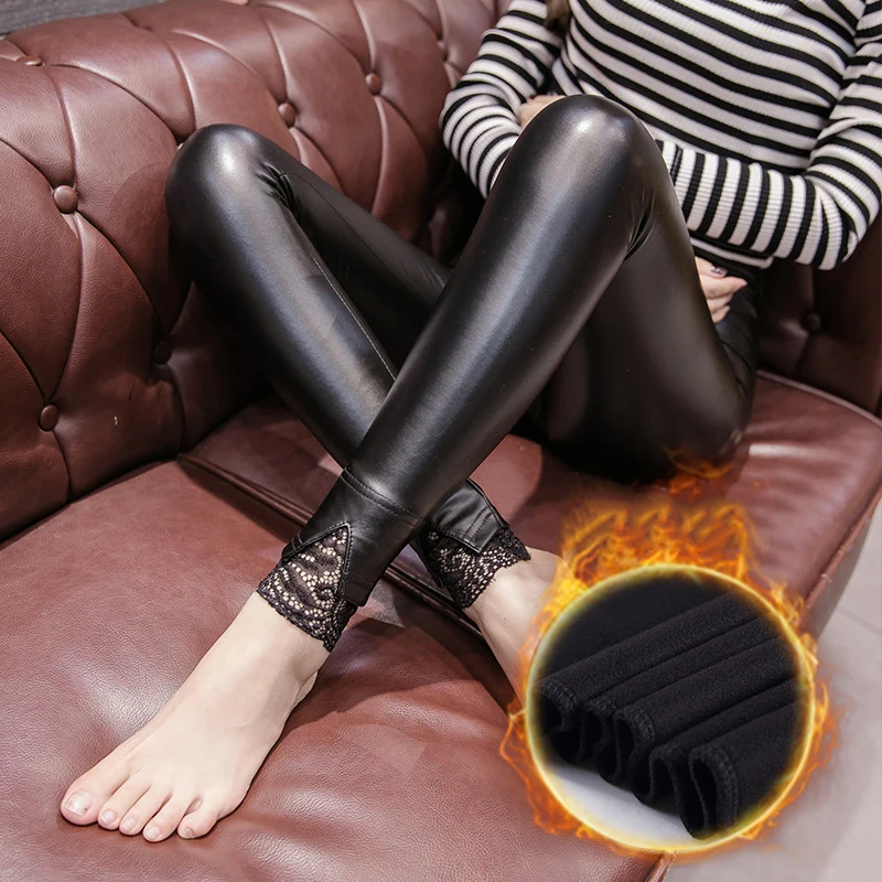 

Pu Leather Leggings Winter Plus Cashmere Leggings Casual Warm Big Size Faux Velvet Thick Black Slim Pants Women Skinny Leggings