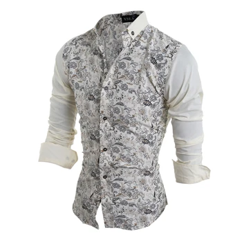

2018 Men's Casual Long-sleeved Shirt Turn-down Collar Flower Stitching Autumn And Winter Printing Single Breasted Lapel