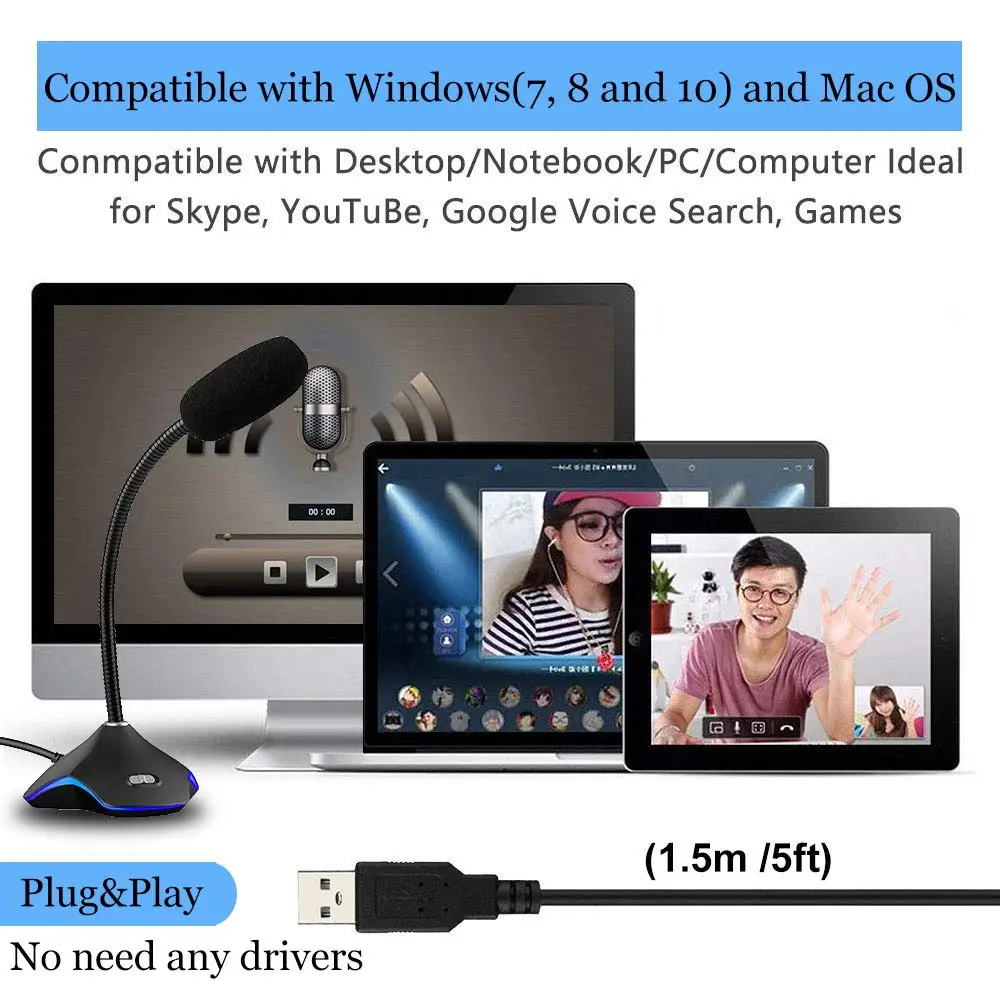 Mac USB Computer Microphone Omnidirectional Gaming Laptop Podcast PS4 XIAOKOA PC Microphone with Mute Button Plug/&Play MIC with Volume Rotation/&RGB Light Compatible with PC YouTube Recording