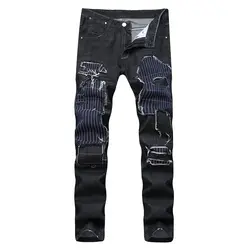 Sokotoo для мужчин лоскутное тонкий прямой рваные джинсы Плюс Большой размеры нашивки Цвет: черный, синий джинсовые длинные брюки