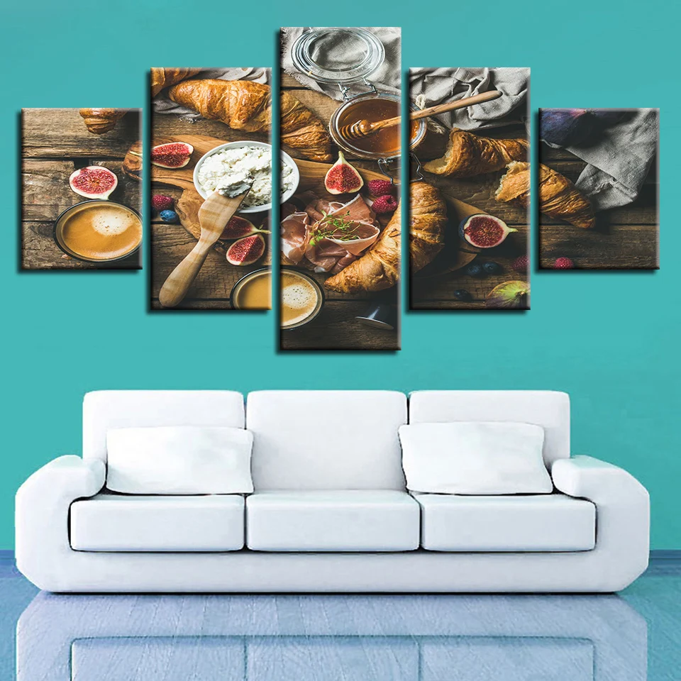 Still-Life-Art-Modular-Canvas-Picture-5-Pieces-Food-Honey-And-Bread-Painting-Framework-Decoration-Living