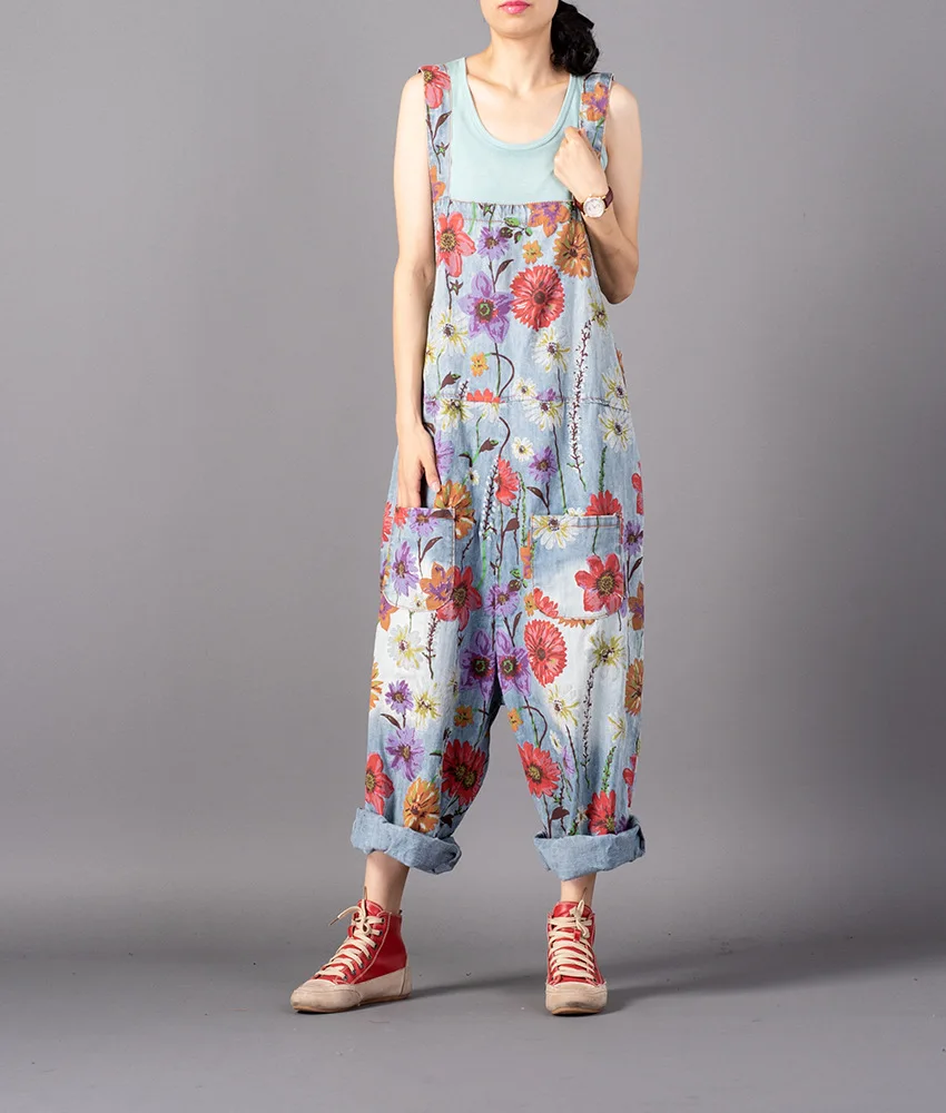 

Women Printed Plus Size Jumpsuits Ladies Loose Print Casual Holes Ripped Denim Overalls Rompers Jeans Pants Female Vintage
