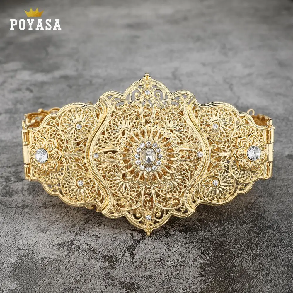 

Caftan dress wedding Metal belt for women hollow flower waist chain crystal gold color metal belt belly chain
