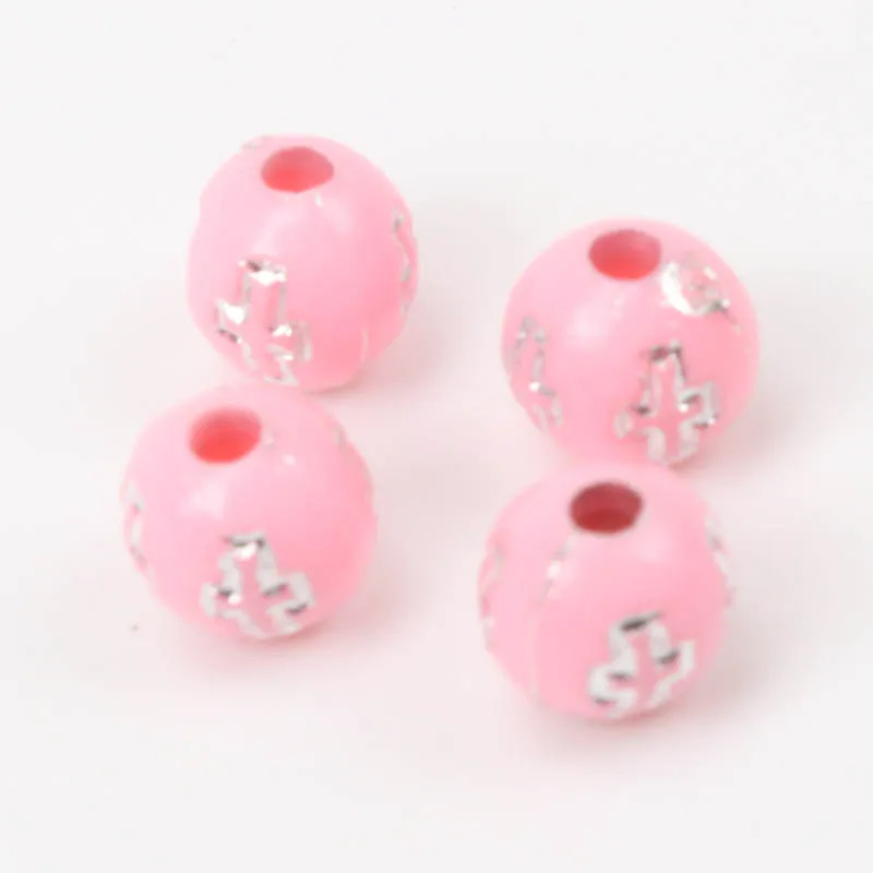 

Mixed Color Pink Bottom Cross Silver Pattern Acrylic Material Round Shape Loose Beads Circular For Jewelry making DIY 200pcs 6mm