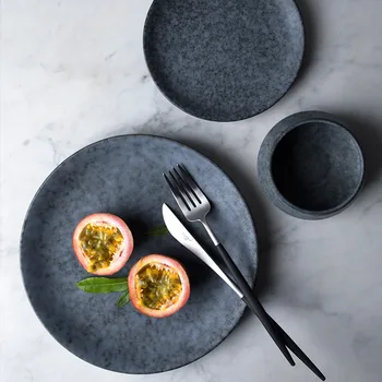 

Kinglang round dinner plate home use ceramic dish grey marble color solid plate wholesale