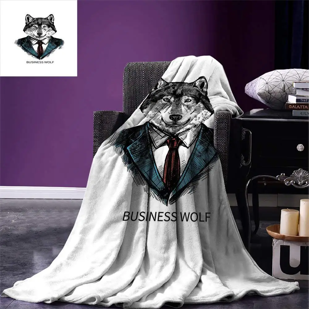

Christmas Wolf Throw Blanket Business Animal in Suit with Jacket Shirt and Tie Sketch Style Hipster Print Warm Adults Blanket