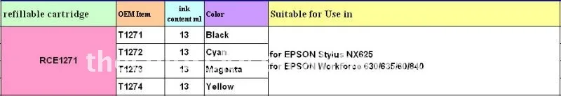 RCE1271) пополнения Картридж для epson T1271-T1274 t127 T 127 bk/c/m/y Stylus NX625 Workforce 630(с чипом АРК) FedEx