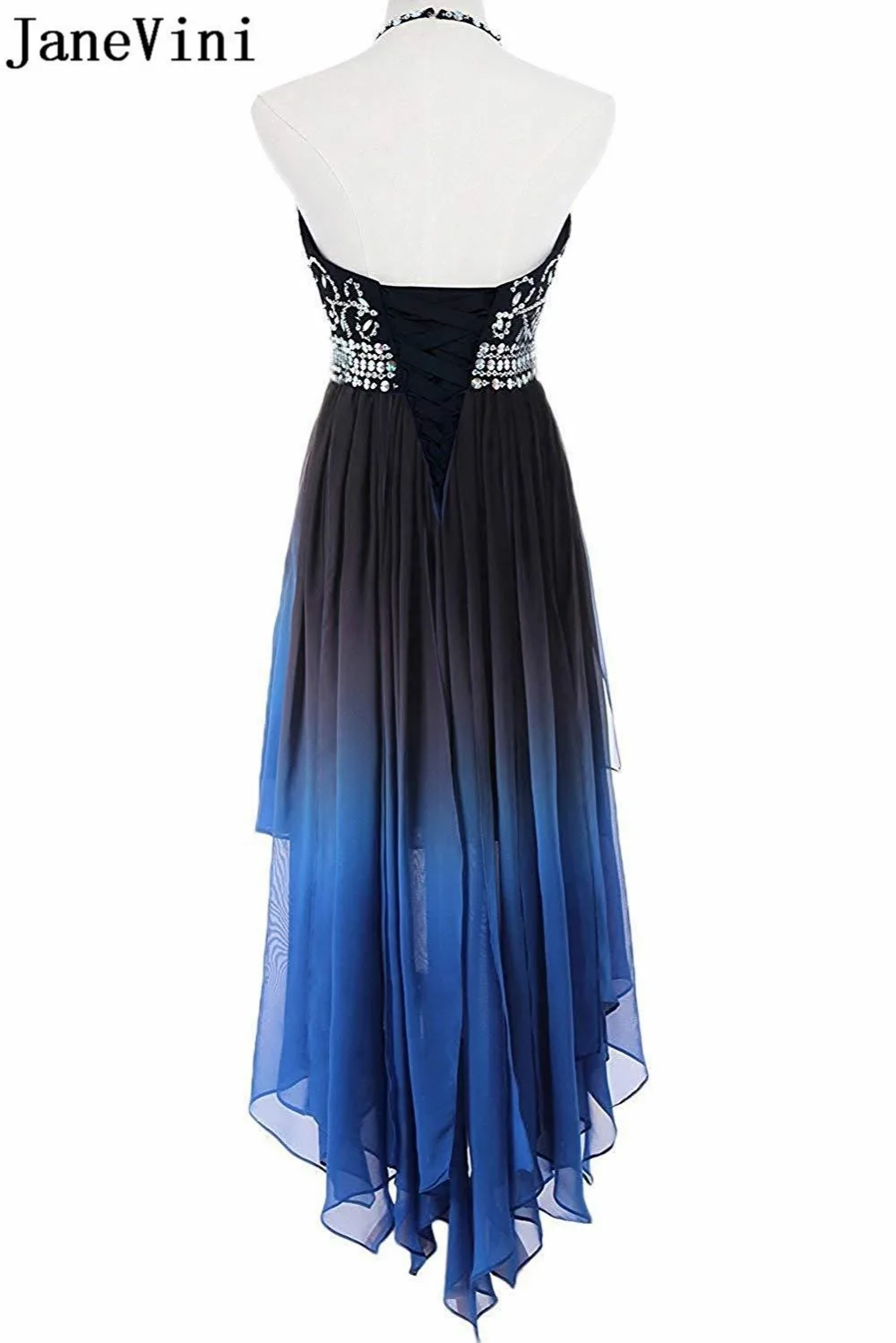 JaneVini градиент Омбре платья для выпускного вечера с блестящими кристаллами Высокий Низкий Бисером Черный Красный вечернее платье для женщин Холтер Вечерние платья