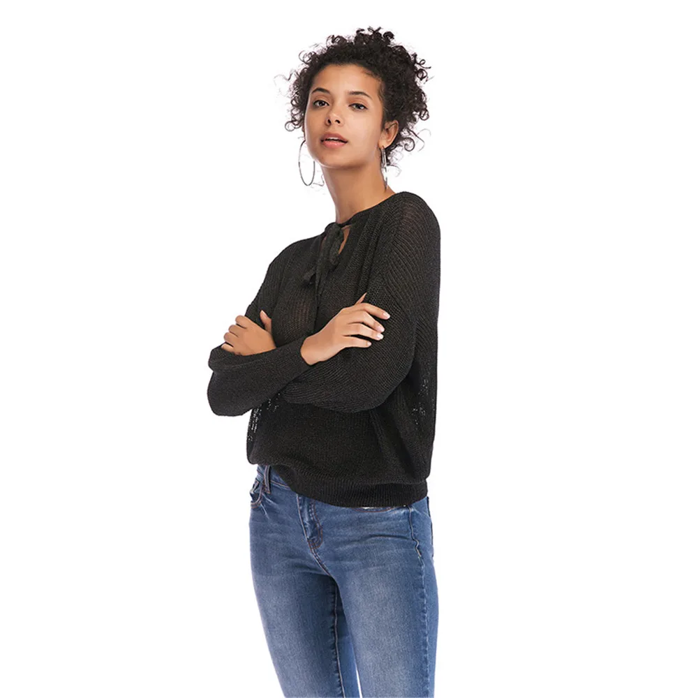 2018 autumn and winter new women's loose tie with two sides wearing sweaters solid color small V-neck pullover tops