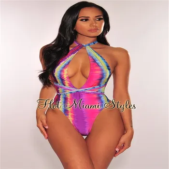 

2019 Sexy Women Serpentine Print Bodysuit Swimwear One Piece Halter Hollow Beachwear Romper Push Up Bikini Bra Bathing Playsuit