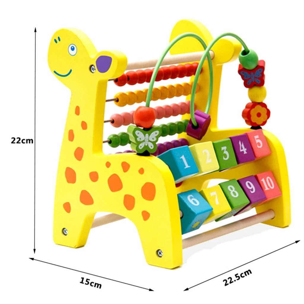 3 in 1 Kid Wooden Fawn Developmental Toy Revolving Number Blocks & Abacus & Beads Maze Puzzle Learning Toddler Toys