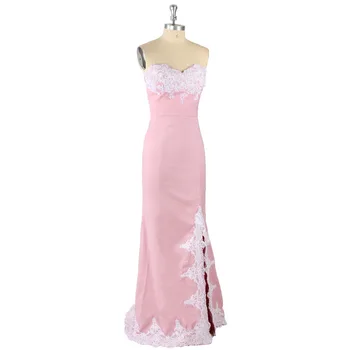 

2017 Pink Sexy Sweetheart Sleeveless Appliques Front Slit Mermaid Satin Sweep Train Prom Dress