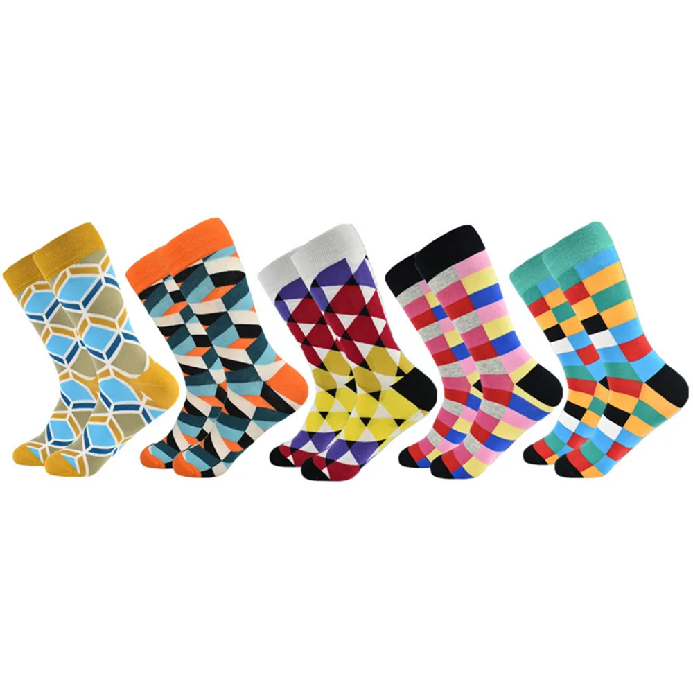 5 pairs of socks Горячая Распродажа повседневные мужские носки новые носки Осень и зима клетчатые Цветные счастливые деловые вечерние Хлопковое носки мужские - Цвет: 5 pairs of socks
