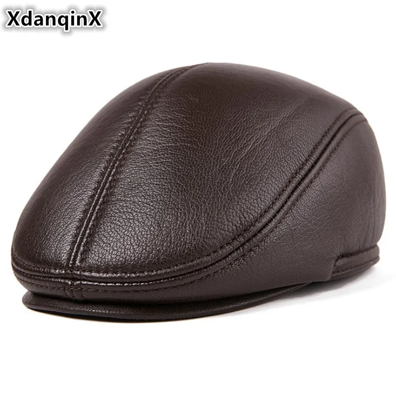 

XdanqinX Men's Flat Cap Genuine Leather Hat Winter Plus Velvet Thick Warm Berets For Men Sheepskin Leather Brands Earmuffs Caps