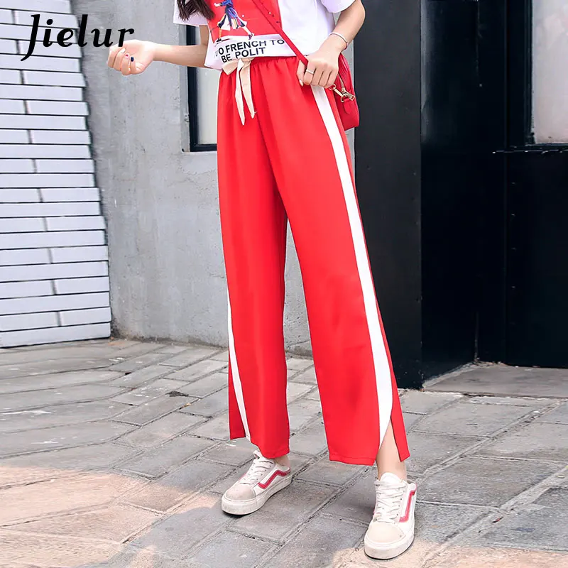 Jielur корейские повседневные спортивные штаны женские широкие брюки Капри с разрезом в полоску сбоку Harajuku брюки для женщин BF брюки с высокой талией dropпрямая поставка - Цвет: Красный