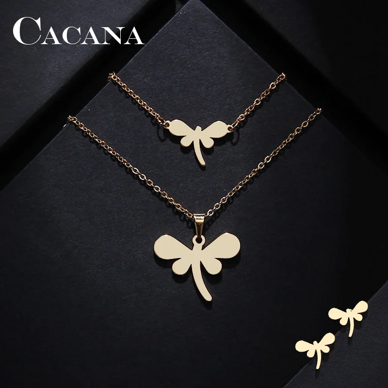 

CACANA Stainless Steel Sets For Women Big Dragonfly Shape Necklace Bracelets Earrings For Women Lover's Engagement Jewelry S127