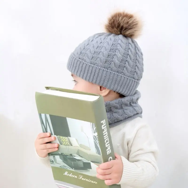 Детская зимняя утолщенная плетеная вязаная шапка, шарф, комплект, милый пушистый помпон, шаровая шапка с манжетой, кепка, бесконечный хомут