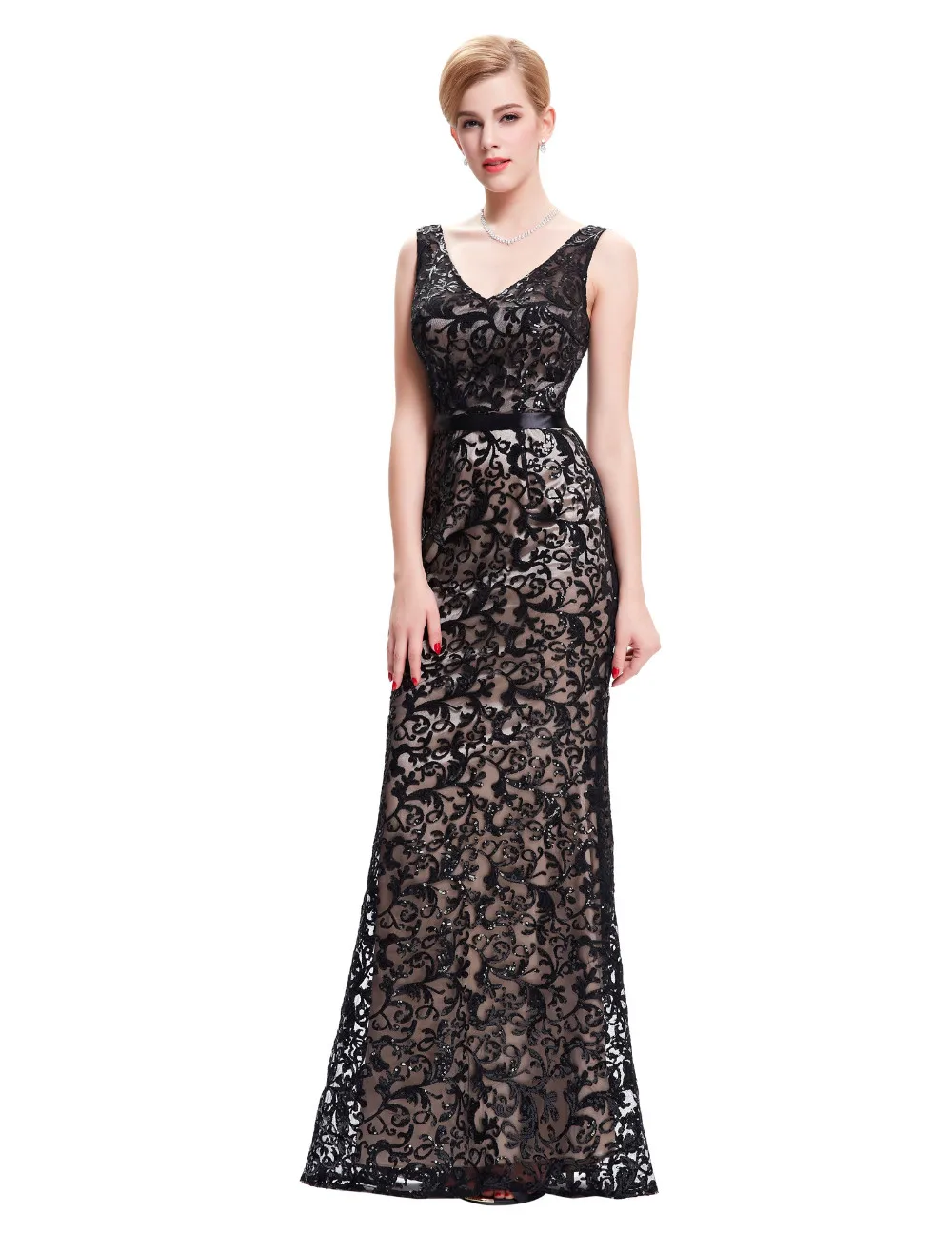 Double V Neck Beaded Lace Mother Of The Bride Black Dress