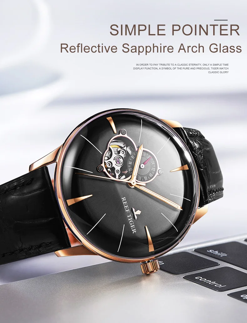 New Reef Tiger/RT Designer Casual Rose Gold Blue Dial Watches Convex Lens Automatic Watches for Men RGA8239