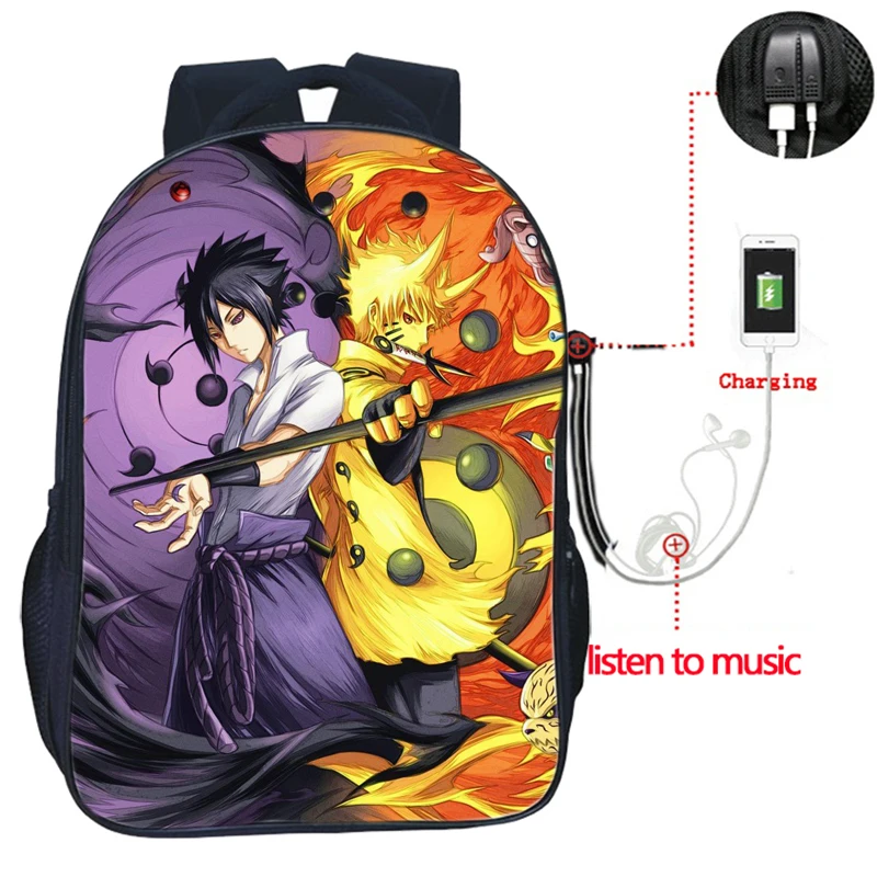 

High Quality Naruto USB Charge Rucksack Uchiha Sasuke Itachi Students School knapsack Double Pocket School Backpack for Teens