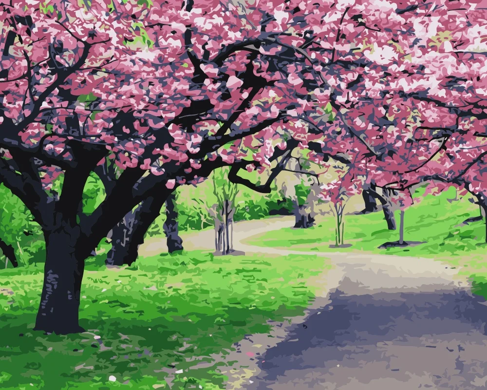 Mahuaf I0ピンク桜風景画by数字上のキャンバス家の装飾ハンド塗装ユニークなdiyのギフト用のリビングルーム Painting By Numbers Painting Numberslandscape Painting Aliexpress