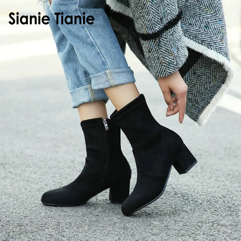 

Sianie Tianie black square low high heel woman winter fall shoes fashion round toe stretched ankle boots socks booties size 44