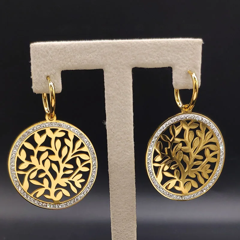 

Tree of Life Crystal Stainless Steel Hoop Earrings for Women Gold Color Hoop Earrings Jewelry pendientes aro 2019 E612782