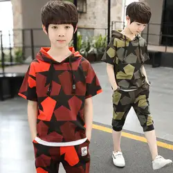 Комплект из 2 предметов комплекты одежды для мальчиков-Подростков Спортивные костюмы для хип-хоп танцев хлопковая футболка + шорты Летняя