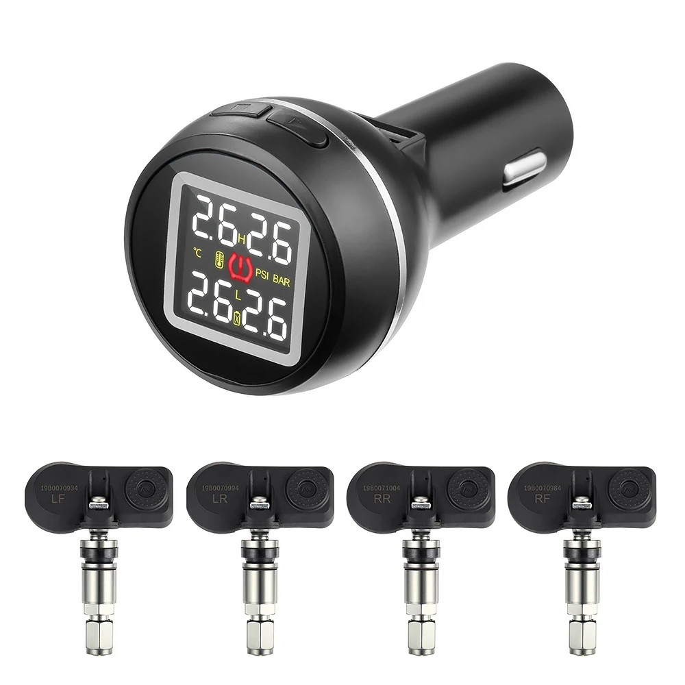 

D5D580C Auto Car TPMS Tire Pressure Alarm Monitoring System + 4 External Sensors USB Charge Port Real-time Tyre Protection