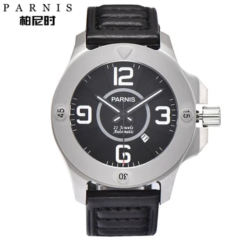 

Fashion 44MM PARNIS Automatic Men's Watch Sapphire Luminous Leather Army Military Men Watches Mechanical Wristwatch Man Clock