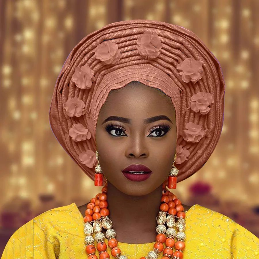 Африканский aso oke Авто геле для женщин с цветком нигерийский aso ebi головной убор для свадьбы